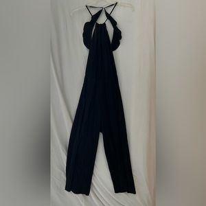 H&M Divided Black Pleated Open Back Ruffle Halter Jumpsuit Front Pockets Size 6